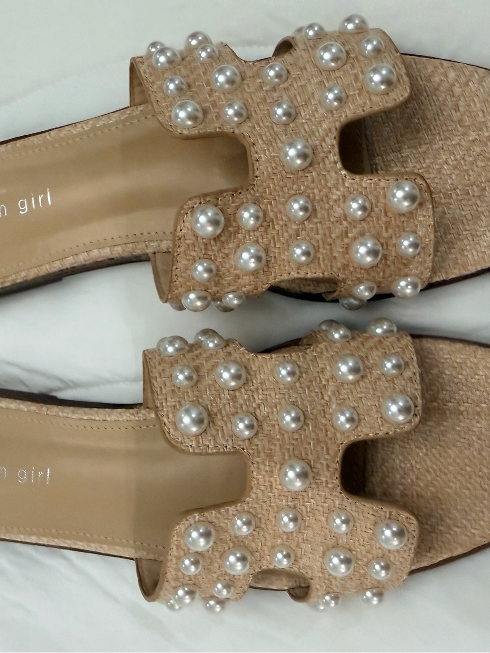 Madden Girl Raffia Beige Pearl-Embellished Slide Sandals -